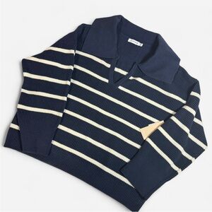 JustFab Women's V-Neck Sweater in Navy and Cream Stripes